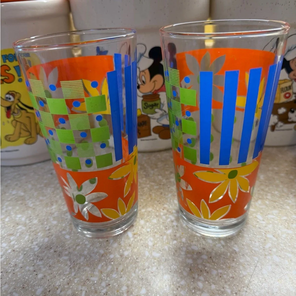 2 Vintage KIG  Multi Color 6” Glasses Tumblers Orange Blue Green Yellow Flower